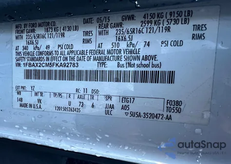 2015 Ford Transit T-350 z USA, uszkodzony, nr VIN 1FBAX2CM5FKA92783